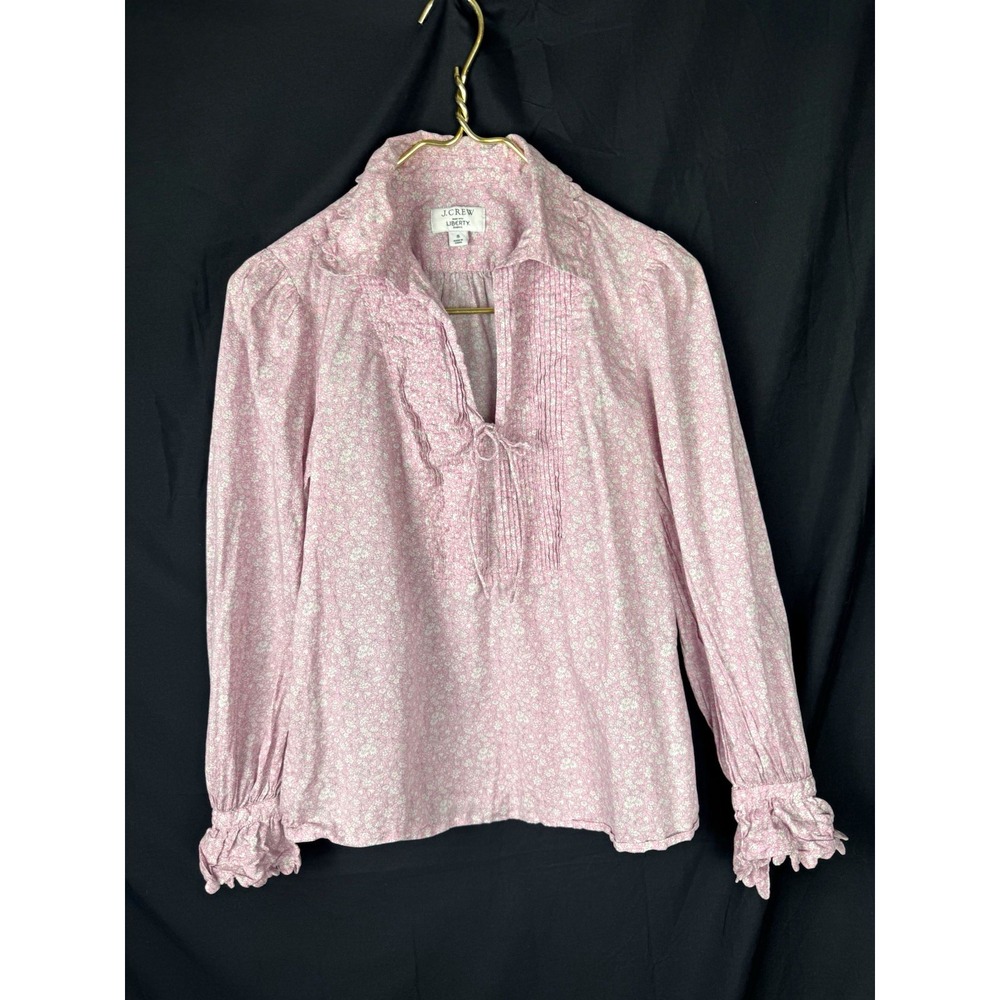 J.Crew Liberty Floral Tie Neck Blouse S Pink White Long Sleeve Puff Woven